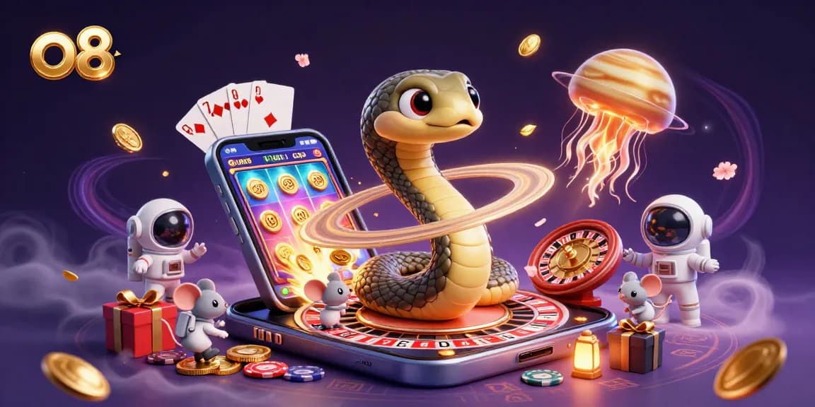 Betting on swirling slots as o8's cosmic dealer showcases a golden jellyfish.