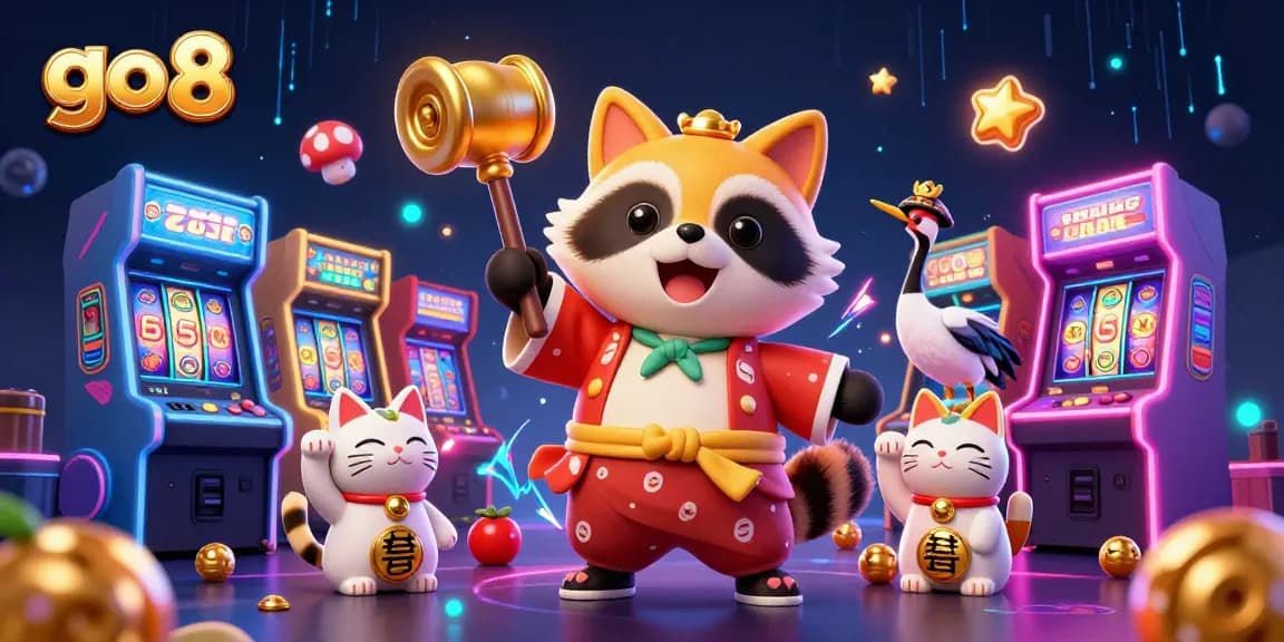 Experience exciting jackpots at go 8 with cheerful characters, vibrant slot reels, and neon gaming elements.