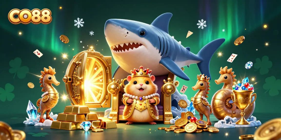 Win big with CO88 as a golden hamster king rules over a treasure-filled casino kingdom.