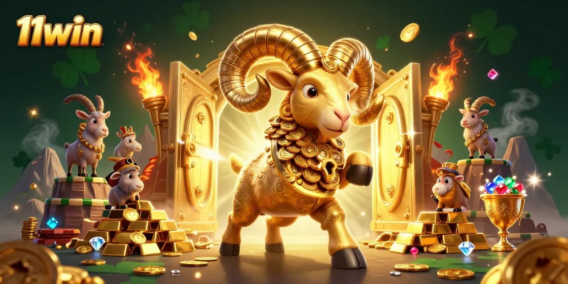 Spin the reels with 11win's golden ram amidst dazzling treasures in this vibrant casino scene.