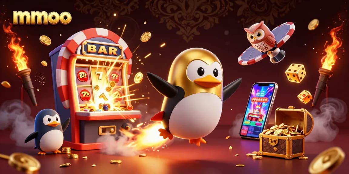Experience the thrill of mmoo with a dynamic scene featuring a golden penguin, casino elements, and exciting jackpot action.