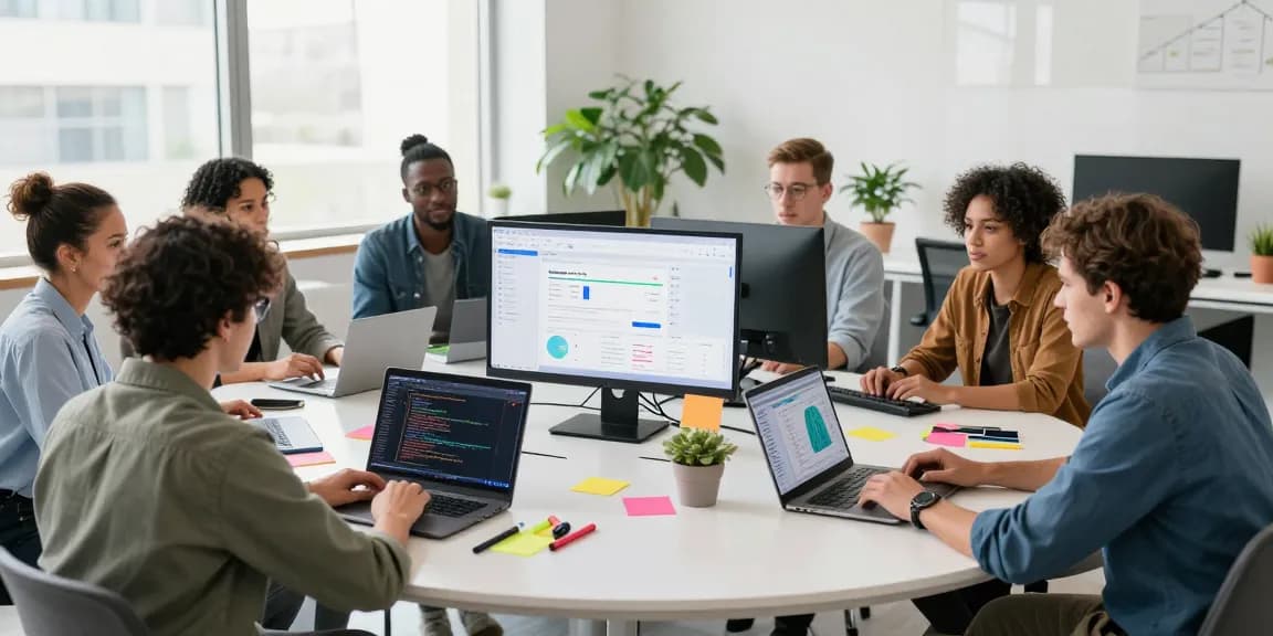 Dynamic workspace showcasing a collaborative team utilizing AI productivity tools to enhance their workflow in a modern office environment.