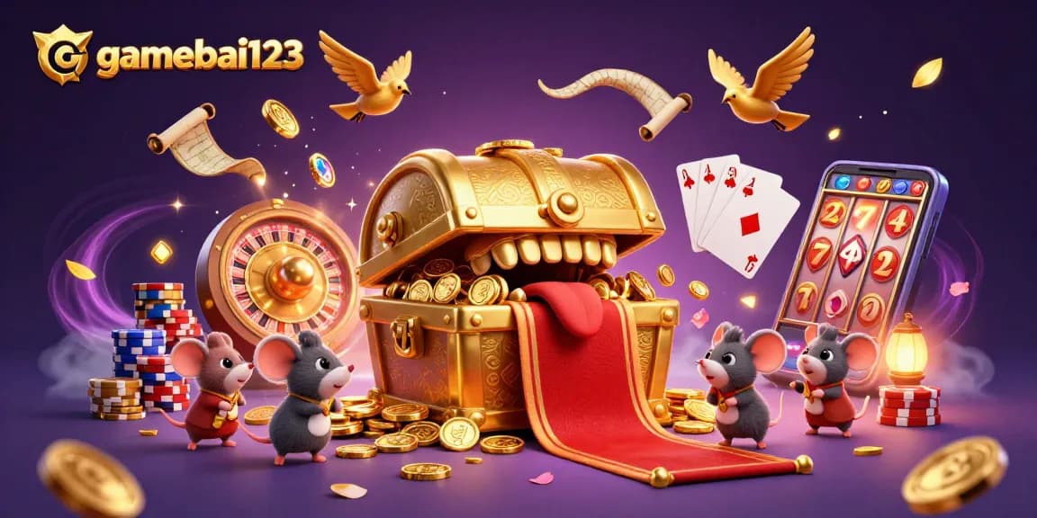 Engage with gamebai123's thrilling treasure chest adventure and gaming excitement in a vibrant casino scene.