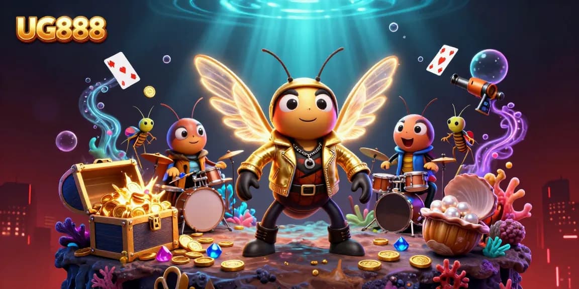 Engage with UG888's vibrant casino scene featuring a rock star cicada and colorful treasures.