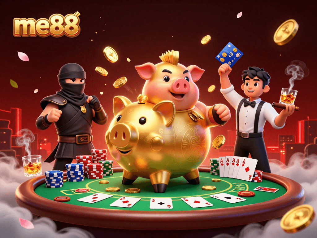 Experience the thrill of me88 with dynamic casino elements and engaging characters in an exciting 3D illustration.