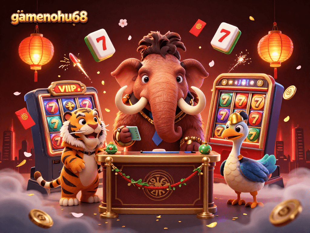 Experience the lively atmosphere at gamenohu68 casino with colorful slot reels and vibrant characters.