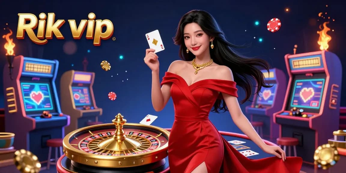 Play exciting card games at Rik vip with a stunning red gown and captivating golden roulette.