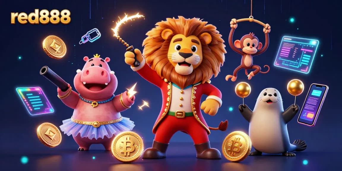 Experience the excitement of red888 with a vibrant circus-inspired crypto casino scene showcasing fun characters.