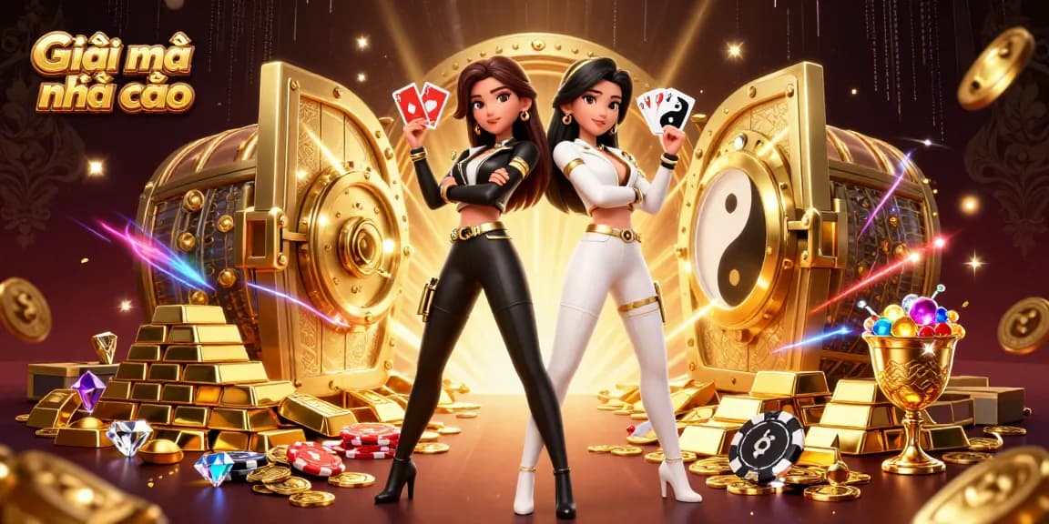 Engage in strategy with Giãi mã nhà cái featuring twins showcasing cards and casino elements.