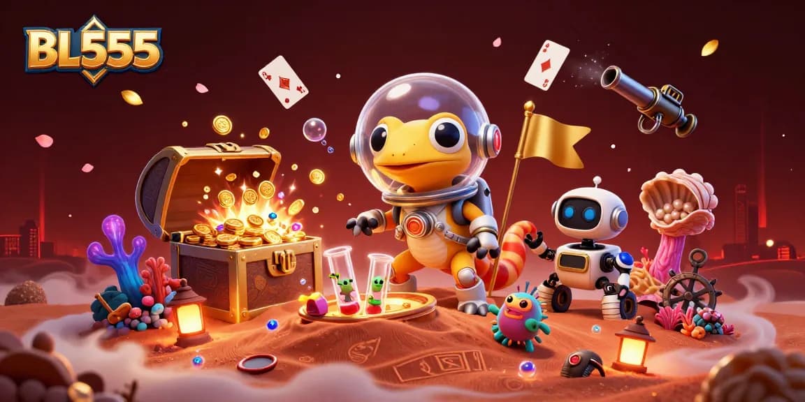 Win big with BL555 in an exciting 3D casino adventure scene filled with vibrant treasures.