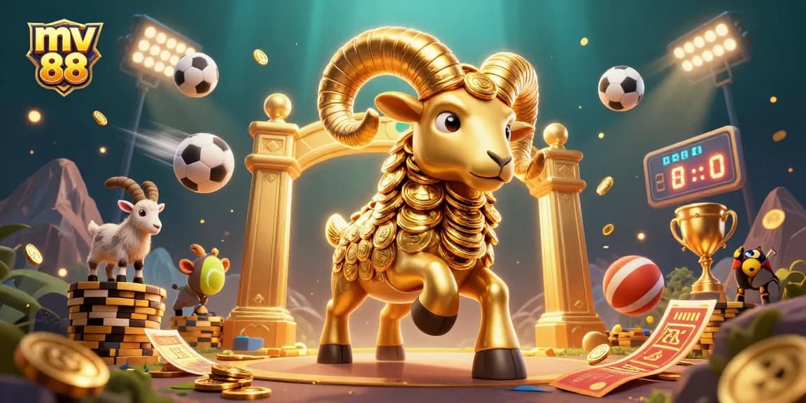 Win big at mv 88 with a dynamic scene showcasing a charging golden ram and various sports elements.