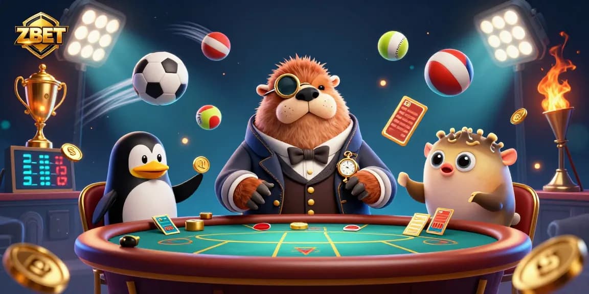 ZBET showcases a jolly walrus at a poker table, surrounded by sports-themed elements, illustrating exciting gambling.