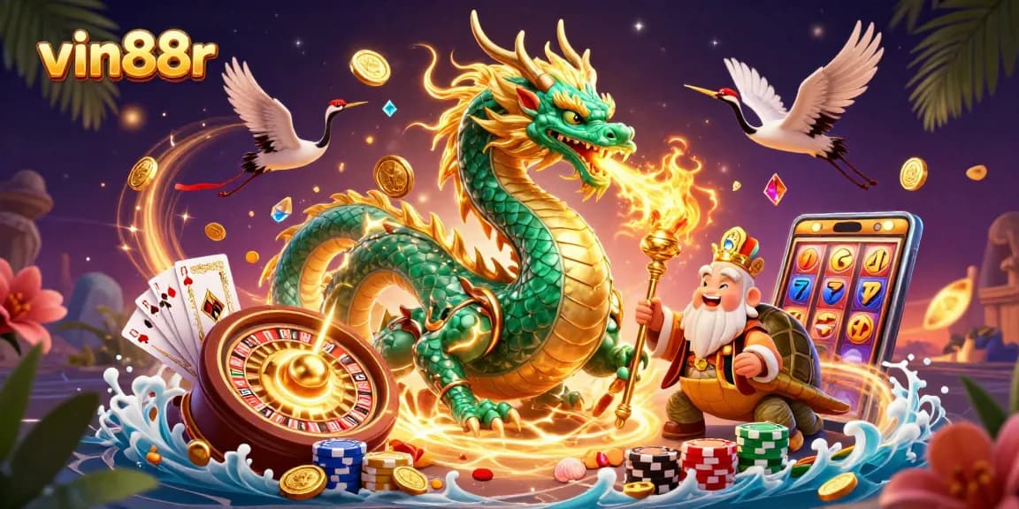 Experience vin88r's vibrant casino magic with dragons and lucky symbols igniting excitement.