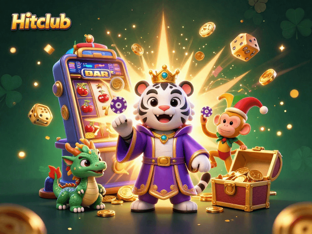 Hitclub's exciting gaming world springs to life with a majestic white tiger, joker monkey, and jade dragon.