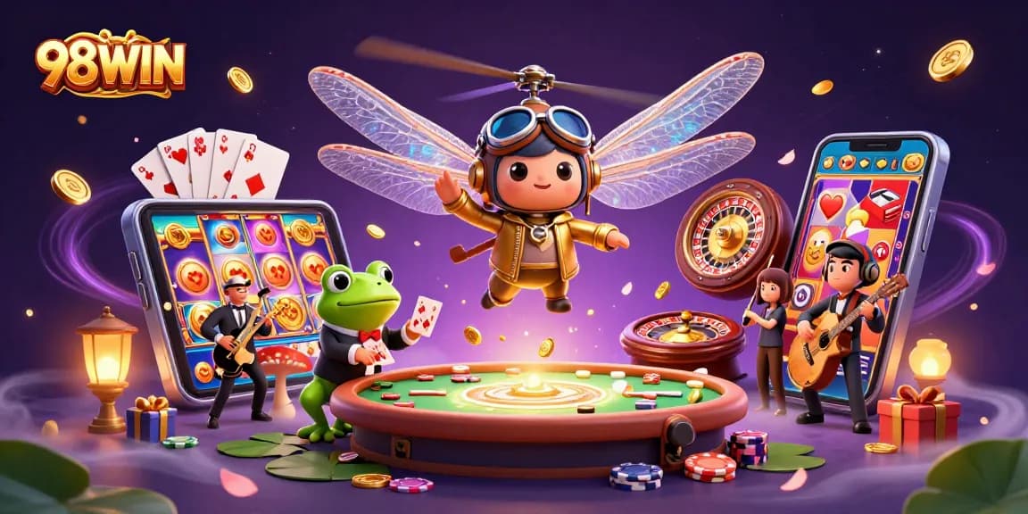 Engage with exciting 98WIN gaming as a dragonfly pilot hovers over a vibrant lily pad casino scene.