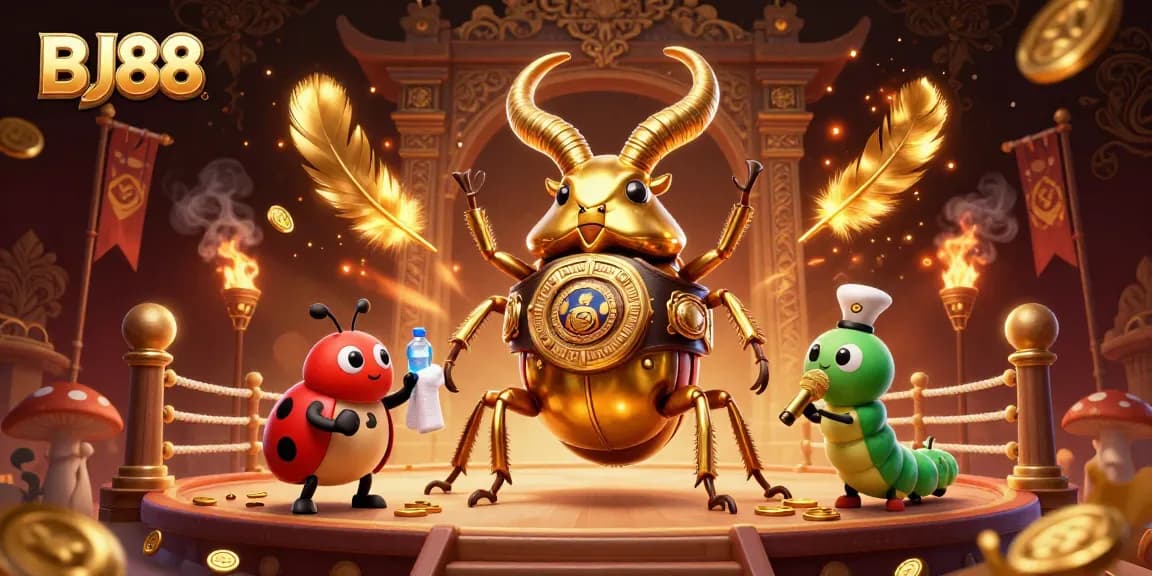 BJ88 betting scene with cartoon characters, a golden stag beetle boxing and a ladybug supporting, rich with casino elements