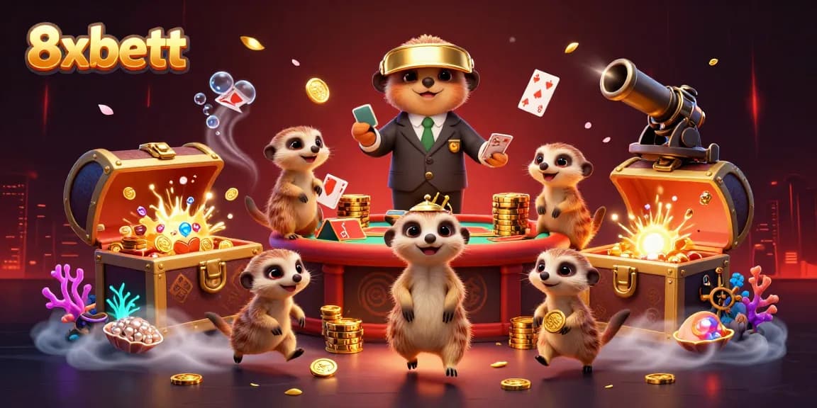 Experience vibrant 8xbett casino excitement with meerkats managing games amidst gold coins and treasures.