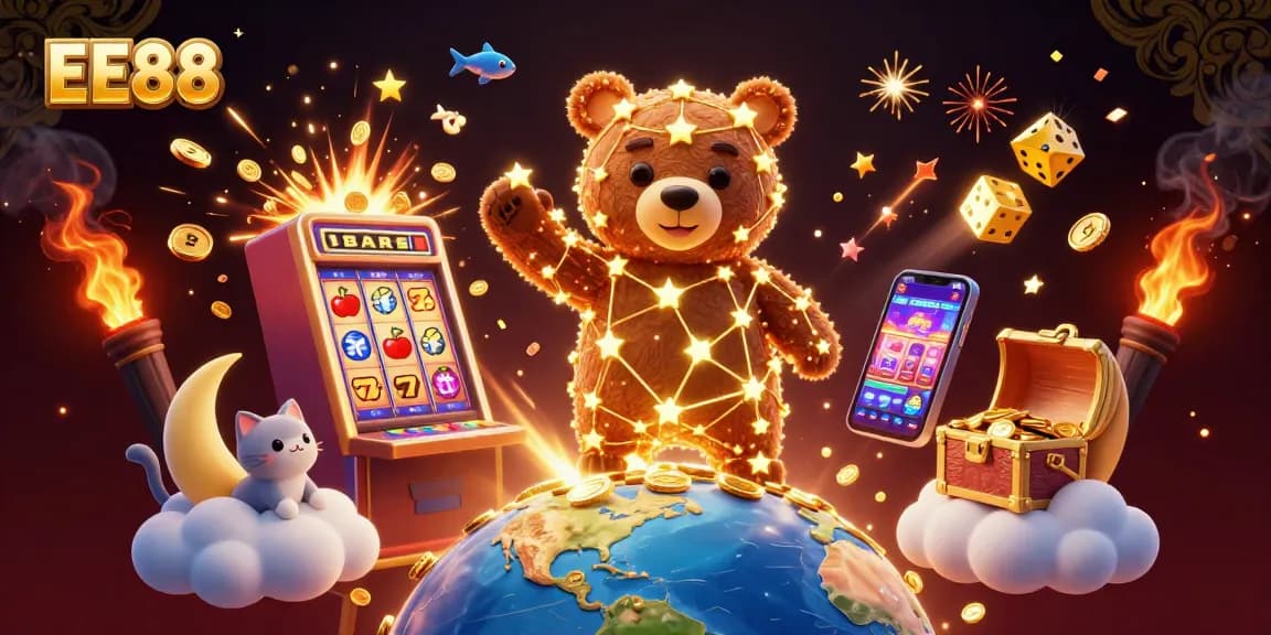 Play and win in EE88's exciting casino experience with vibrant characters and jackpot elements.