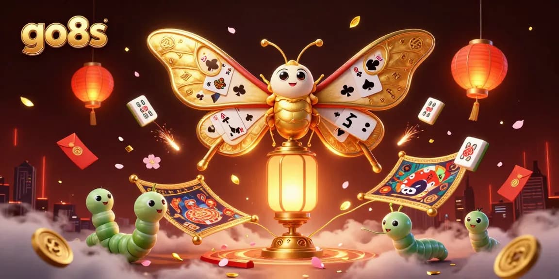Win big at go8s with 3D casino art featuring a majestic moth amidst vibrant gambling elements.