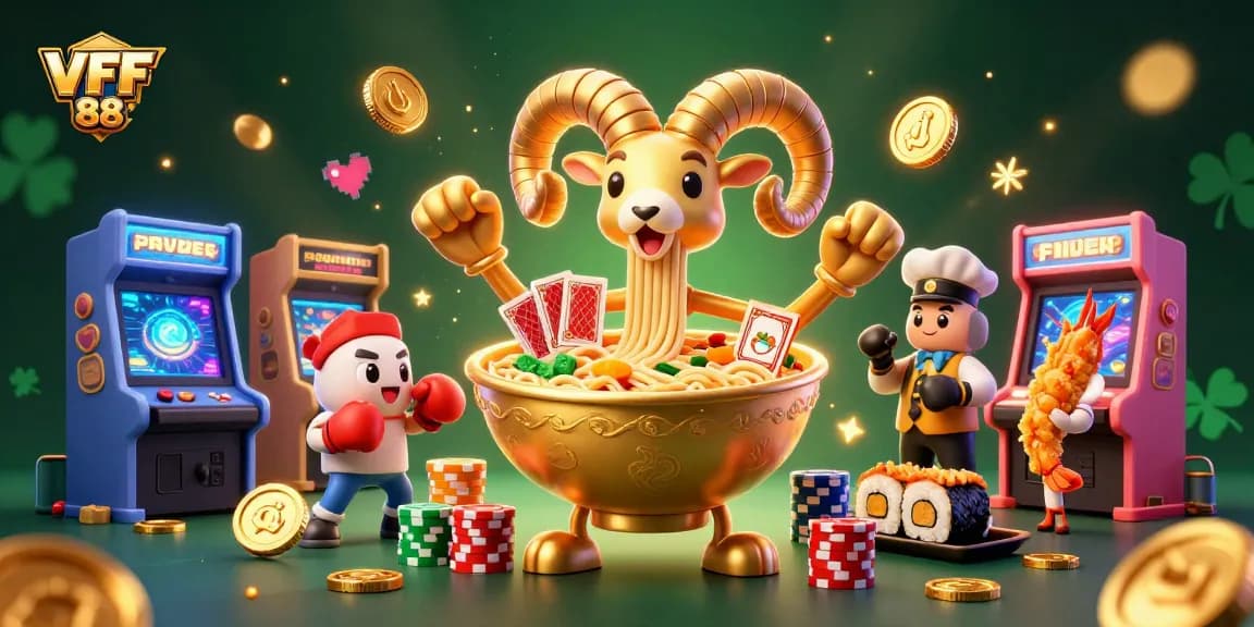 Join the action with VFF 88 as a giant ramen bowl dealer stacks chips and plays cards in a vibrant casino setting.