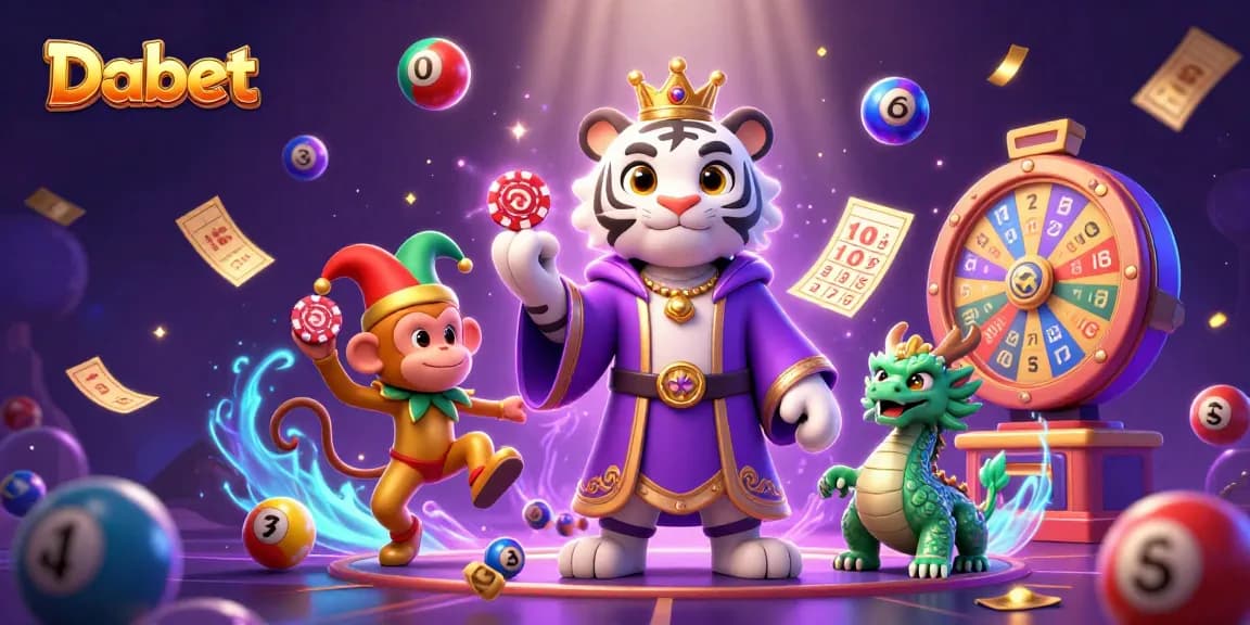 Dabet enchants players with vibrant lottery elements and joyful characters in a casino setting.