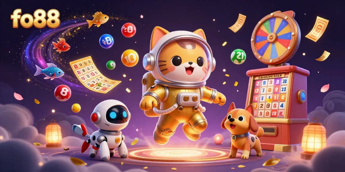 Experience thrilling gaming at fo88 with an astronaut cat and vibrant casino elements in 3D.