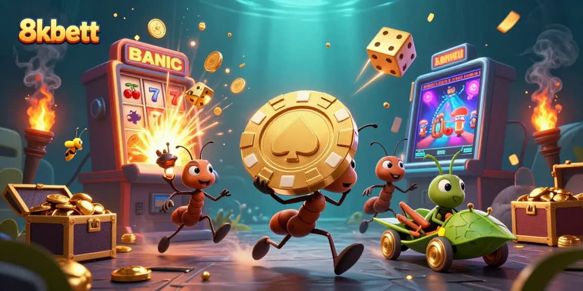 8xbett showcases a thrilling heist scene featuring ants carrying a giant golden poker chip amidst vibrant casino elements.