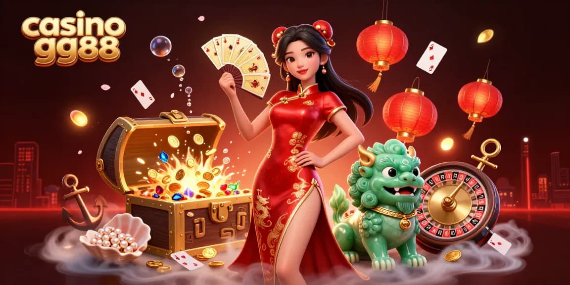 Engage with the thrilling world of casino gg88 featuring vibrant visuals of dynamic playing cards, a stunning Chinese woman, and iconic casino elements.