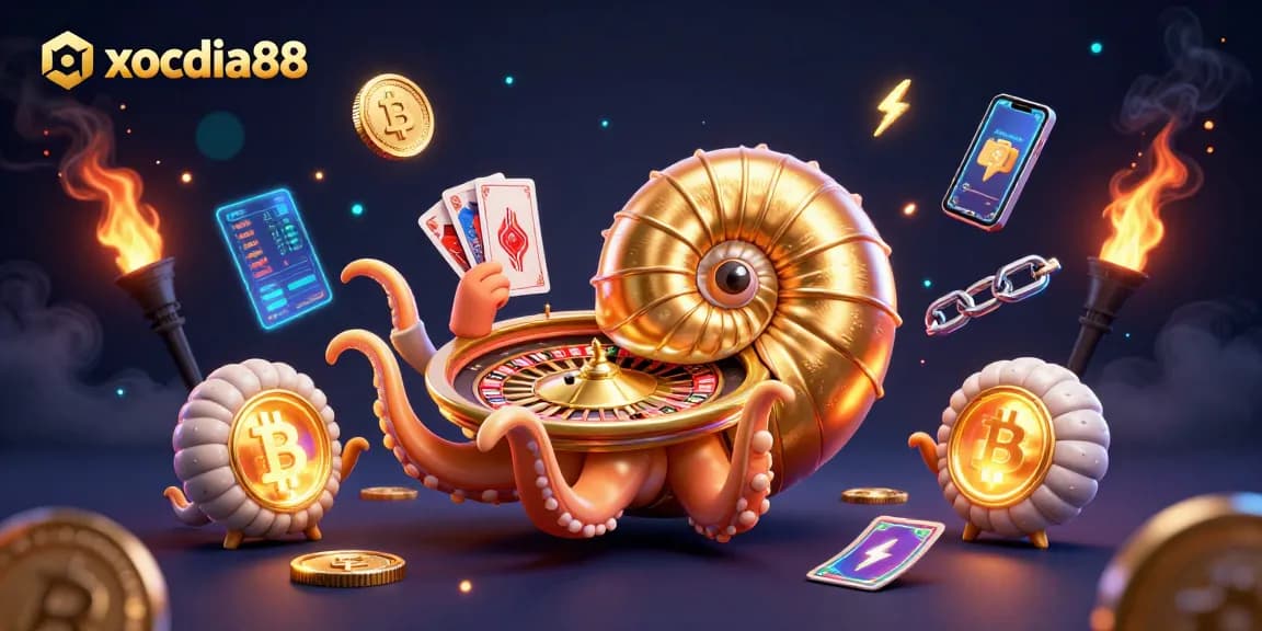 Experience thrilling gameplay at xocdia88 with 3D elements like a nautilus roulette wheel and glowing crypto coins.