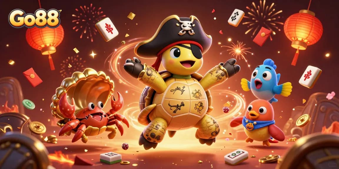 Experience thrilling wins with Go88 as a colorful pirate turtle leads the way through treasure and festive casino elements.