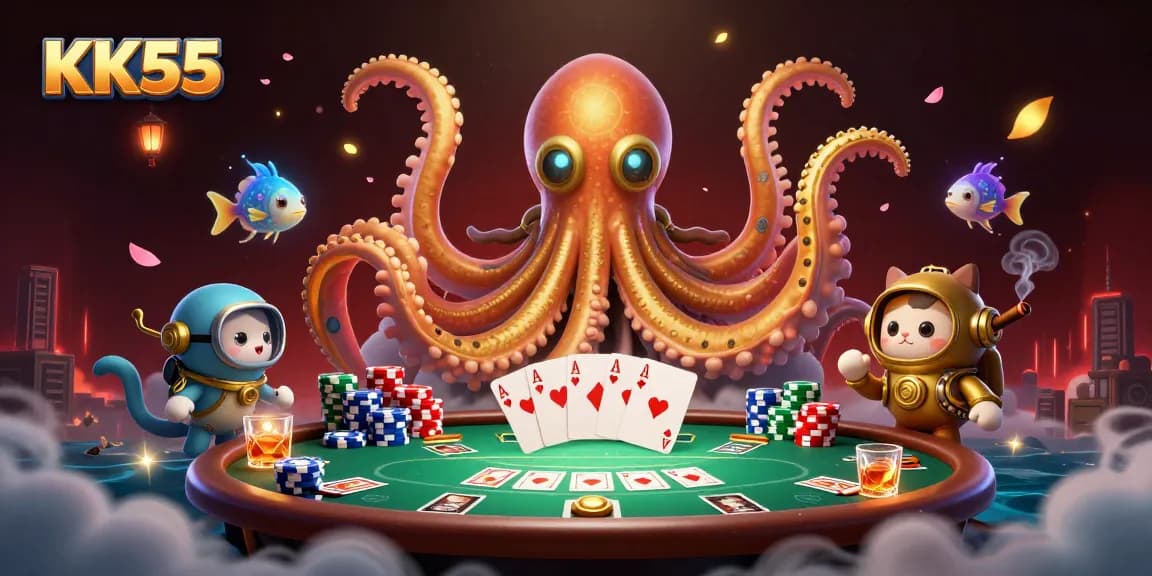 Engage with KK55's thrilling casino adventure featuring a kraken, diving cat, and poker elements.
