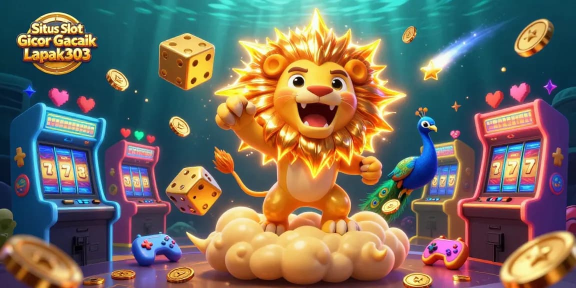 Situs Slot Gacor Terbaik Lapak303 illustration showcasing a roaring sun lion, golden dice, and vibrant arcade elements for a thrilling gambling experience.