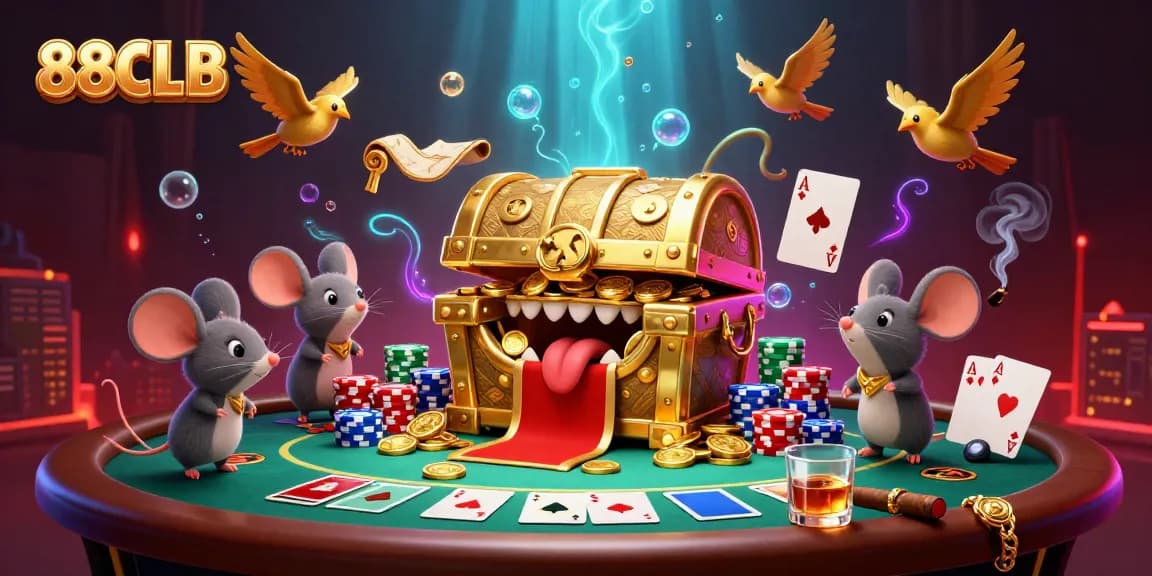 Engage with 88CLB's exciting gaming world featuring a treasure chest and poker elements.