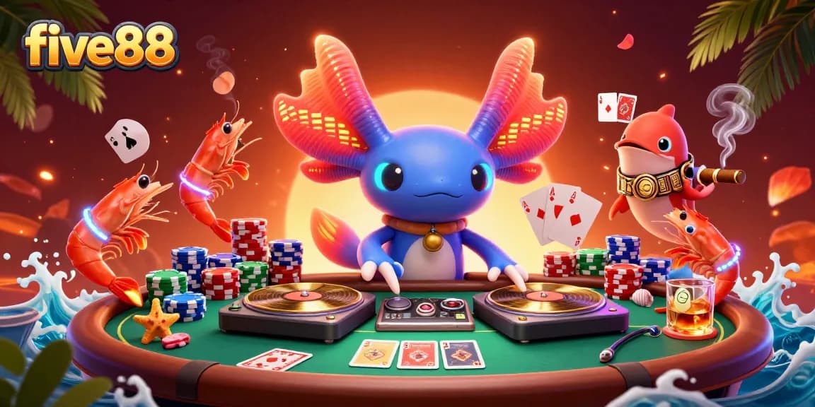 Experience five88's vibrant gaming scene as an axolotl DJ spins at a lively casino event.