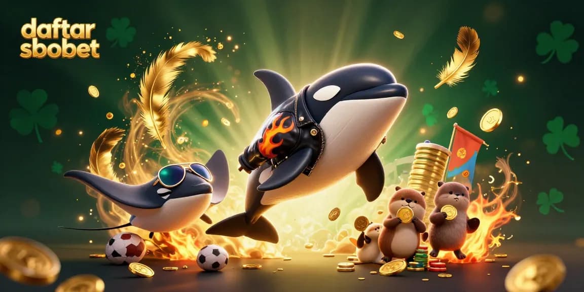 Daftar sbobet dengan orca kartun dan stingray, dikelilingi koin emas saat bertaruh.