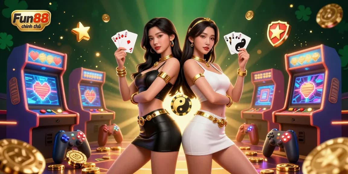 Engage with Fun88 chính thức at a vibrant online casino featuring twin Asian women with playing cards in a dynamic 3D scene.