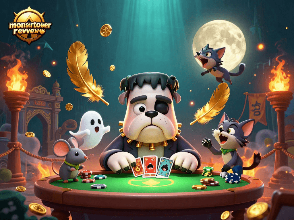 Monstertowerreview features a spooky scene with a bulldog monster dealing cards, engaging players in a thrilling gambling atmosphere.