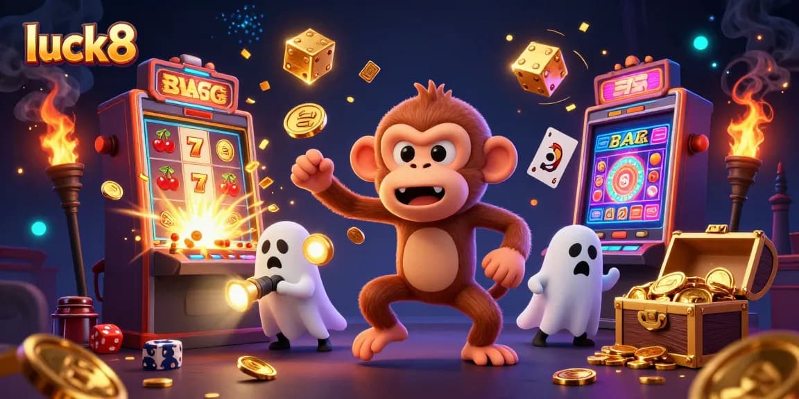 Experience luck8 with a mischievous poltergeist monkey and ghost-hunter puppy in a vibrant casino adventure.