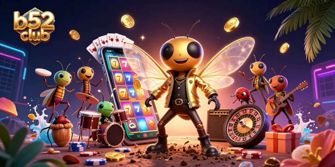B52club players spinning slot games with exciting graphics and golden coins erupting in a rich casino atmosphere.