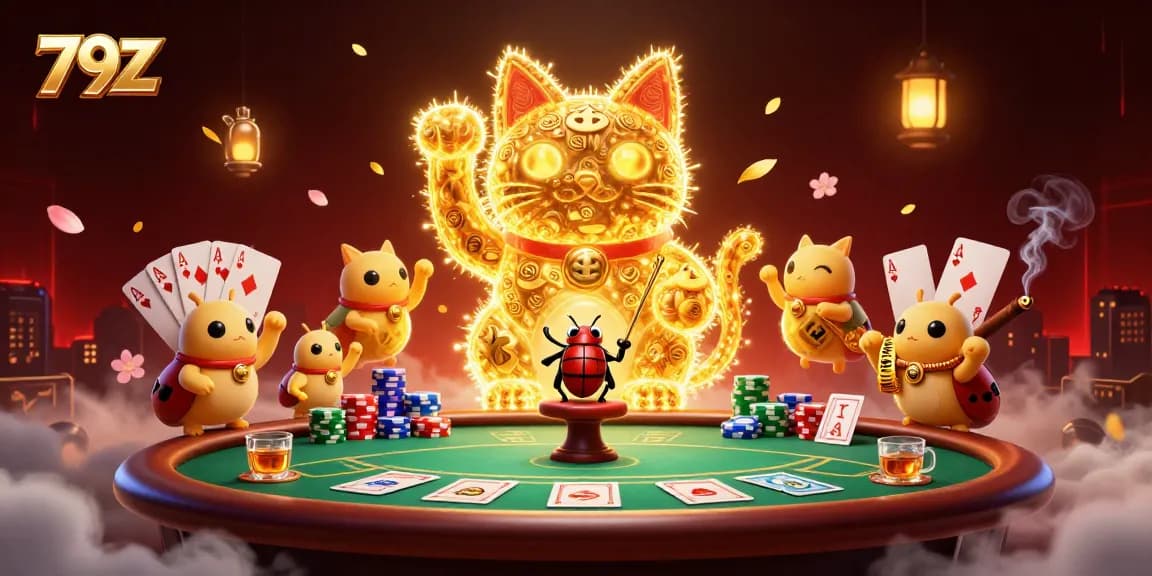 Experience the excitement of 79Z with a vibrant lucky cat and dynamic casino elements.