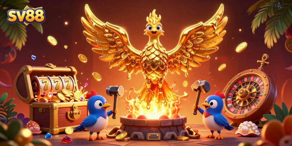 Join sv88 in a vibrant casino scene featuring a golden phoenix and thrilling gaming elements.