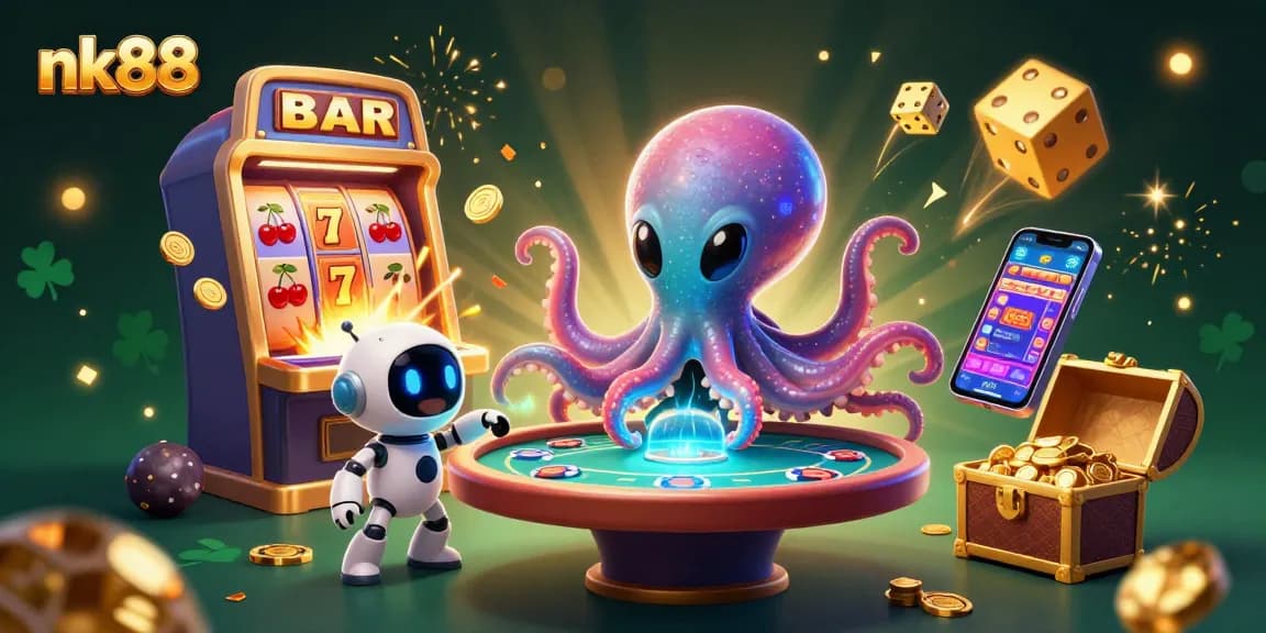 Experience nk88's thrilling casino games with animated alien octopus and vibrant slot elements.