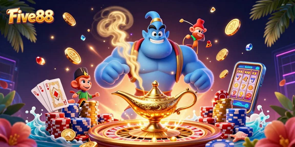 Win big with Five88 in this vibrant 3D casino illustration featuring dynamic characters and games.