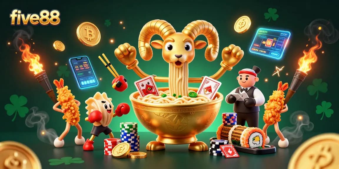 Engage with five 88 as golden ramen bowl characters stack chips in an exciting casino scene.