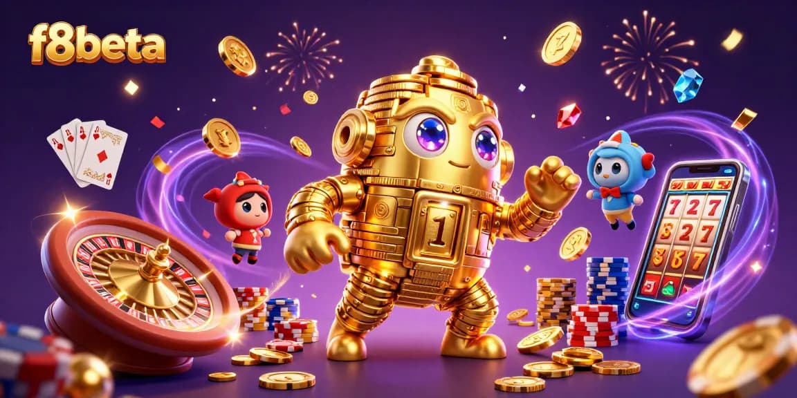 Experience the excitement of f8beta with a golden golem and vibrant casino elements