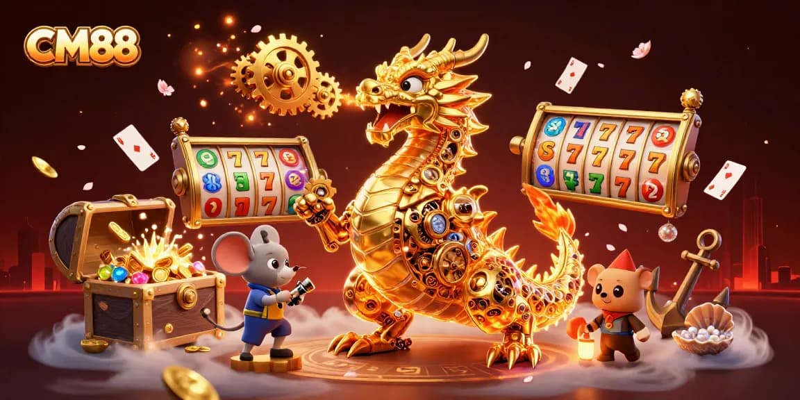 Experience exciting wins with CM88's golden dragon and vibrant slot elements in a thrilling gaming scene.