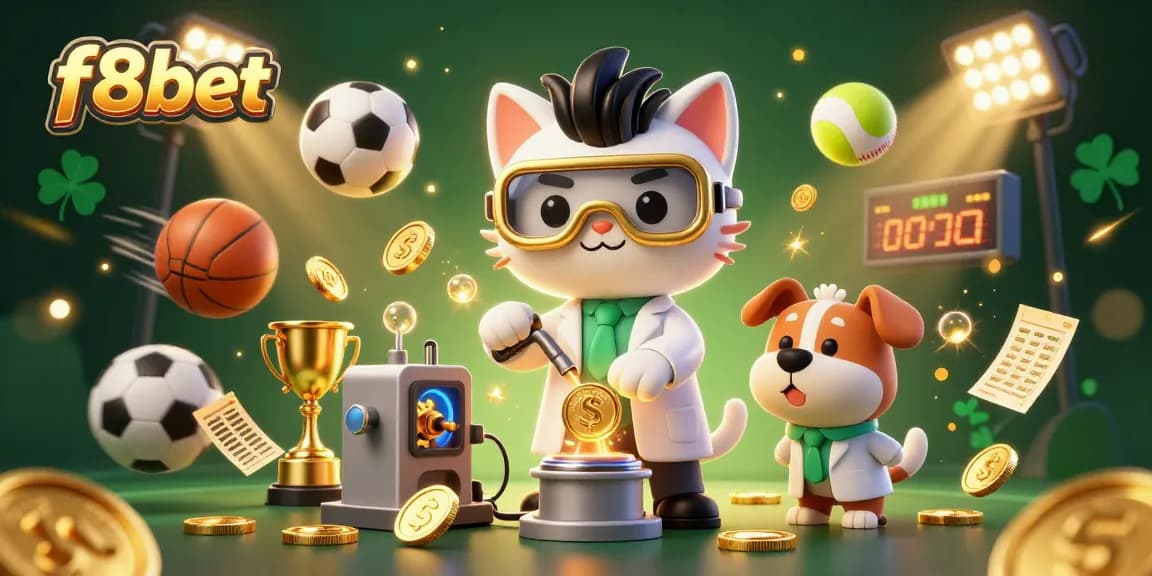 Experience exciting gaming action with f8bet in this dynamic 3D illustration featuring casino elements among sports.