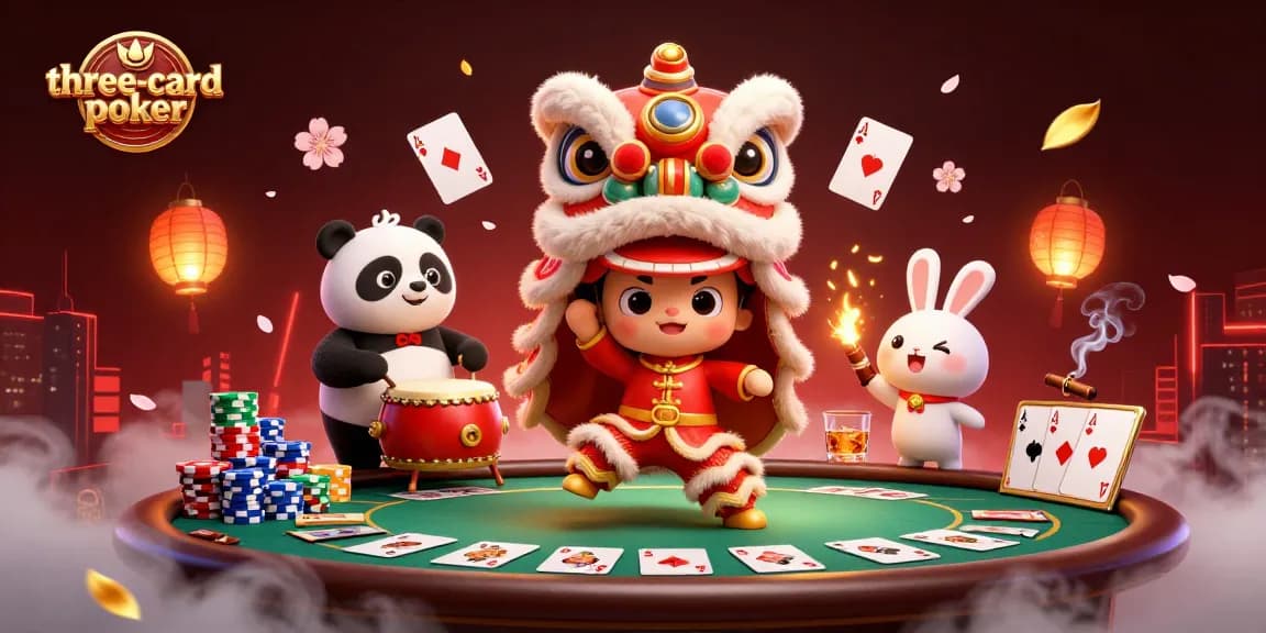 Engage in three-card-poker amidst festive characters and vibrant casino decor.