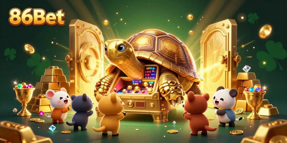 Play exciting games at 86Bet with a colorful casino scene full of treasures and joy.