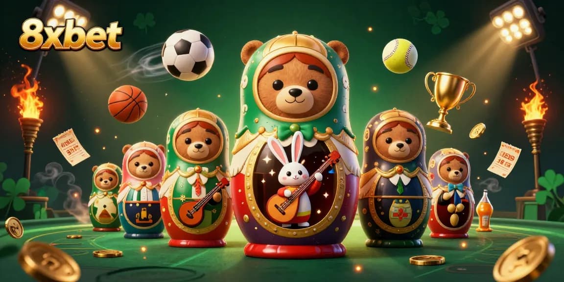 Engage with 8xbet's exciting gambling experience featuring a vibrant 3D illustration of casino characters and dynamic sports elements.
